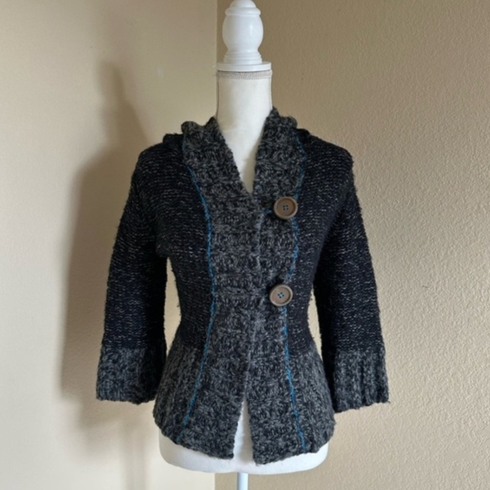 Free People Sz M Black Cardigan Chunky Hooded Sweater Wool Blend Whimsigoth Boho